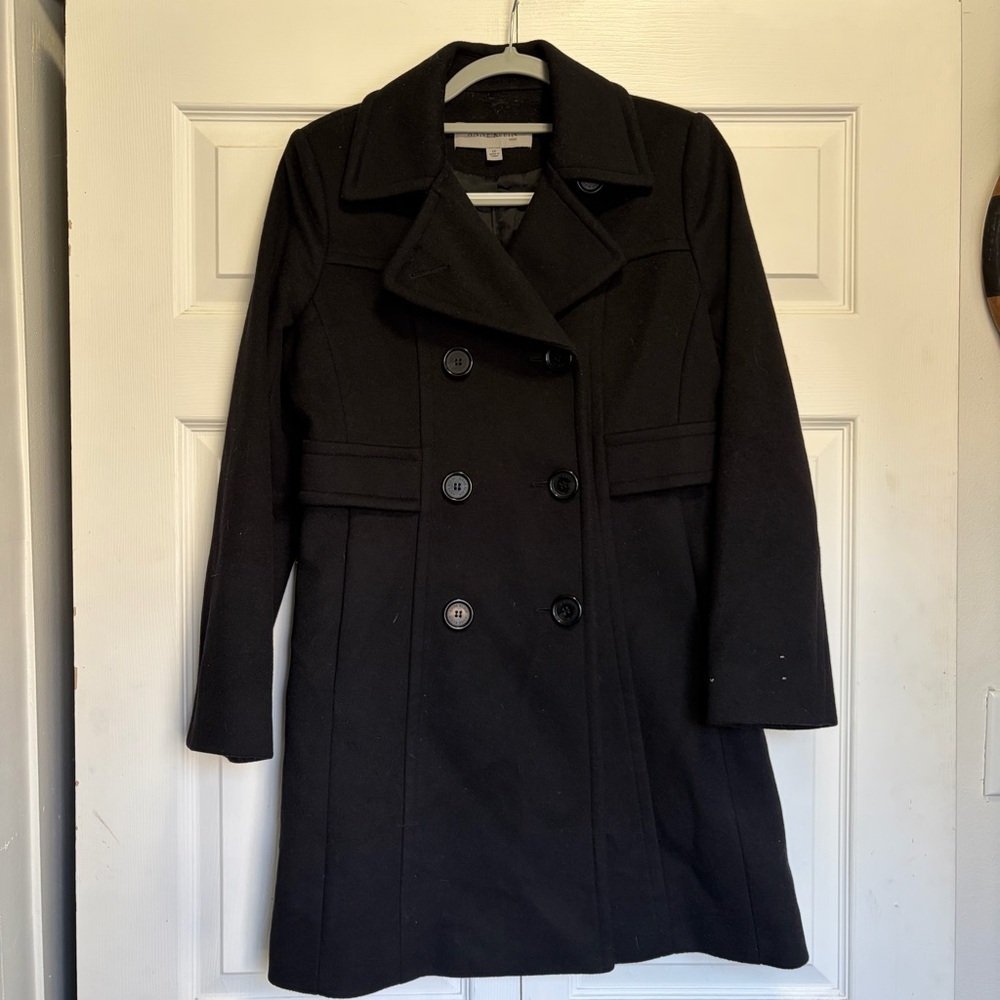 Anne Klein Black Double-Breasted Peacoat 6P Lambswool cashmere blend